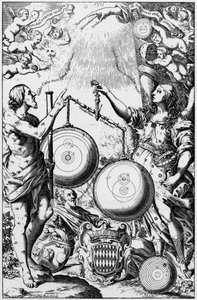 Urania, múza astronomie, vážení a porovnávání systémů vesmíru, 1651 od Unbekannt