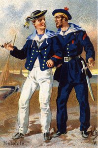 V: Námořníci. Rytina ve "vojenské abecedě" . Iniciály ilustrátora: A. D. Neznámý vydavatel. Chromolitografie konce 19. století. Rozměr: 10,5 x 7 cm. od Unbekannt