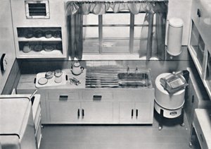 Pohled na kuchyň navrženou H.M.V. Domácí spotřebiče, 1938 od Unbekannt