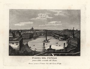 Pohled na Piazza del Popolo, Place du Peuple, s egyptským obeliskem Rameses II z Heliopolis, z vrcholu kopce Pincian, Řím od Unbekannt