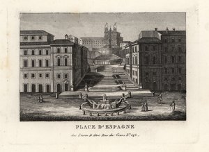 Pohled na Piazza di Spagna, Fontana della Barcaccia, Fontána lodi a Scalinata di Trinita dei Monti, Španělské schody, Řím od Unbekannt