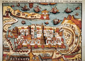 Pohled na město Calais v roce 1538. Xylografie. od Unbekannt