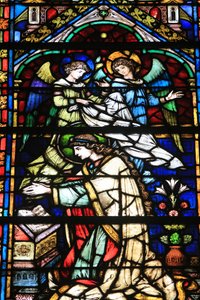 Panna Maria. Podrobnosti. Korunovace Panny. Vitráže od Frantze Mayera de Munick 1884. Kaple Notre Dame de la Ronde. Katedrála svatého Štěpána, Metz, Metz, Francie od Unbekannt