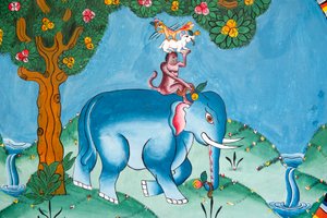 Stěna zobrazující legendu o čtyřech přátelích; slon; opice; králík a kohout; Kharbadi Gompa; Phuentsholing; království Bhútán od Unbekannt