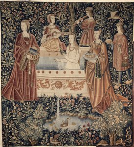 Žena koupající se obklopená průvodci Tapisérie série La Vie Seigneuriale, c. 1500 od Unbekannt