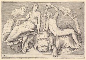 Žena a muž sedí na lví kůži, muž nalévá víno, publikoval ca. 1599-1622. od Unbekannt