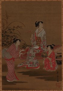 Mladá žena se dvěma děvčaty sedící v zahradě, období Edo, 1615-1868. od Unbekannt