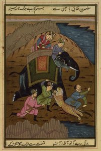 Císař Akbar (1556-1608) na lovu tygra, z Akbarnama, Mughal, (ilustrovaný text) od Unbekannt Unbekannt