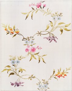 Květinový design karafiátů a růží pro hedvábný materiál, který se má utkat ve Spitalfields, od Anny Marie Garthwaite (1690-1763), 1744 (wc na papíře, čtverečky pro přenos) od Unbekannt Unbekannt
