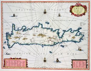 Mapa zobrazující ostrov Kréta, kolem roku 1570, od Abrahama Ortelia (1527-98)