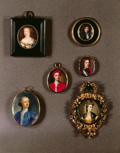 Miniatury z LtoR, TtoB: Frances Teresa Stuartová, vévodkyně z Richmondu a Lennoxu (podrobnosti viz 97685) od Jeana Petitota (1607-91); Autoportrét Jeana Petitota (1607-91); Charles Fitzroy, druhý vévoda o