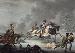 Bonapartův útěk z bitvy u Krásného, William Heath, vydáno 1. dubna 1815 (kolorovaná akvatinta)