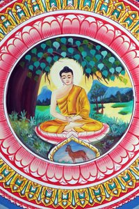 20151029, Vientiane, Laos: buddhistický chrám Wat Inpeng. Obraz zobrazující životní příběh Buddhy Šákjamuniho. Buddha sedí v meditační pozici od Unbekannt