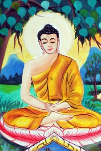 20151029, Vientiane, Laos: buddhistický chrám Wat Inpeng. Obraz zobrazující životní příběh Buddhy Šákjamuniho. Buddha sedí v meditační pozici od Unbekannt