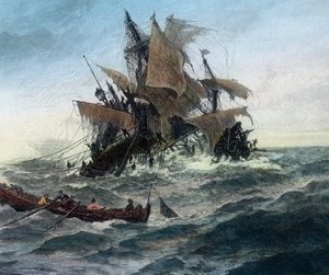 Dánská loď, která chce přivézt pomoc pro město Stralsund, ztroskotá od Unbekannter Künstler