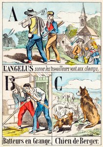 Na Angelus jdou dělníci do polí; B Mlátičky ve stodole; C Ovčák - "Abeceda statku" konec 19. století (rytina) od Unbekannt