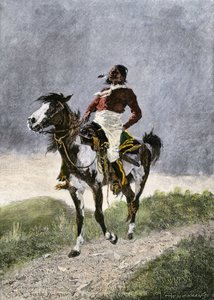 Odvážný Komanč cestující na koni jižními prériemi (Texas, Oklahoma, USA) kolem roku 1800. Litografie od Unbekannter Künstler