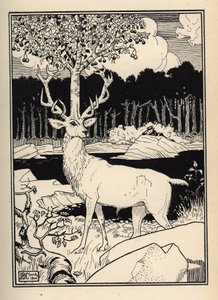 Třešeň na hlavě jelena, které se dotkly kameny třešňových kopí od barona de Munchausen Ilustrace William Strang (1859-1921) a JB Clark převzat z „Dobrodružství barona z Munchausenu (Munchhausen) od Rudolfa Ericha Raspeho (1736- od Unbekannt