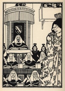 Dvůr převážně ženský se baronovi jeví jako ironie hodná zmínky mezi jeho dobrodružstvími. Ilustrace Williama Stranga (1859-1921) a JB Clarka z „Dobrodružství barona z Munchausenu (Munchhausen) od Rudolfa Ericha Raspeho (1736-1794) (1789) od Unbekannt