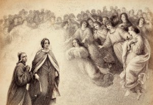 K Dantovi a Beatrici se blíží hejno stínů. Ilustrace k V. kántu Paradisa Božské komedie Danteho Alighieriho. Dílo Francesa Scaramuzzy věnované florentskému magistrátu. od Unbekannter Künstler