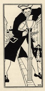Obr, přivezený baronem de Munchausen ze Sýrového ostrova v Anglii, rozsvěcuje pouliční osvětlení bez žebříku. Ilustrace William Strang (1859-1921) a JB Clark z „Dobrodružství barona z Munchausenu (Munchhausen) od Rudolfa Ericha Ra od Unbekannt