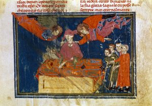 Skupina nemocných lidí a pán, který koná dílo milosrdenství tím, že jim poskytuje pomoc. Miniatura převzata z knihy "The Works of Merciord" (ms. II, VI od Unbekannter Künstler