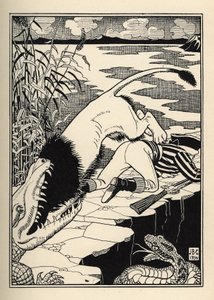 Lev, který chtěl zaútočit na barona de Munchausen, skončil u krokodýla. Ilustrace Williama Stranga (1859-1921) a JB Clarka z „Dobrodružství barona z Munchausenu (Munchhausen) od Rudolfa Ericha Raspeho (1736-1794) (1789) od Unbekannt