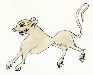 Vlkodlak ve středověku - kolorovaný dřevoryt podle bestiáře ze 13. století Historia Scolastica od Pierra Požírače (nebo Petrus Comestor či Manducator, asi 1110-1179) - Středověké vyobrazení vlkodlaka - ručně kolorovaný dřevoryt z Comestorova " od Unbekannter Künstler