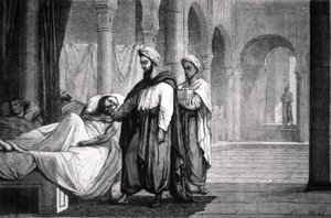 Abulcasis (936-1013), lékař chalífy Al-Hakama II, v nemocnici v Córdobě (Španělsko), rytina od Unbekannter Künstler