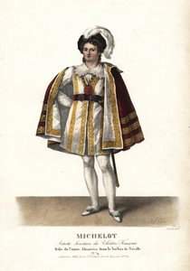 Herec Pierre Marie Nicolas Michelot jako hrabě Almaviva v Lazebníku sevillském Pierra Beaumarchaise, Theatre Français. Ručně kolorovaná litografie F. Noela podle ilustrace Alexandre-Marie Colina z knihy Portraits d