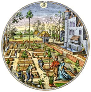Zemědělství: Zahradničení v evropské zeleninové zahradě na začátku jara kolem roku 1590 Barevná rytina ze 16. století od Unbekannter Künstler