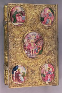 Oltář evangelium náročně zpracovaná stříbrná vložka se smaltovanými medailony, centrální znázorňující Vzkříšení, se čtyřmi rohovými medailony znázorňujícími čtyři evangelisty, od Petra Afinogenova, Moskva od Unbekannt