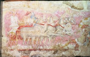 Amazonky jedoucí na voze, detail ze strany sarkofágu Amazonek, Tarquinia, 4. století před naším letopočtem (tempera na alabastru) (detail 85168) od Unbekannt