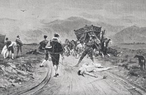 Útok na trenér, polovina 17. století, z „La Ilustracion Artistica“, vydáno 1887 od Unknown