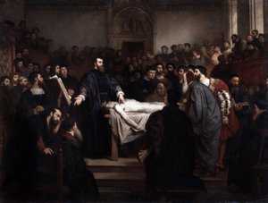 Anatomie lecon. Andre Vesale (1514-1564), vlámský anatom (Andrea Vesalius nebo Andries Van Wesel) v Padově (Padova), Itálie. od Unbekannter Künstler