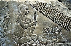 Starověký Egypt: Sakkára (nebo Sakkára či Sakkarah): pohřebiště Staré říše, hrobka vznešených. Detail reliéfů představujících rybáře.