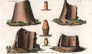 Starověké vikingské památky z německé provincie poblíž Skandinávie a některé urny z dánských a švédských hrobů. Ručně kolorovaná mědirytina od Giarreho a Stanghiho z knihy Giulia Ferraria Kroje starověkých a moderních národů světa. od Unbekannter Künstler