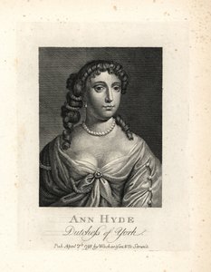 Anna Hydeová (1637-1671), vévodkyně z Yorku a Albany, první manželka anglického krále Jakuba II. Mědirytina podle portrétu sira Petera Lelyho z knihy Williama Richarda Portraits Illustrating Granger