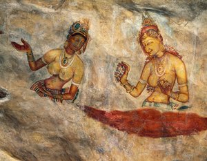 Apsaras, nebeské nymfy nabízející květiny, freska, opevněná citadela Sigiriya (Seznam světového dědictví UNESCO