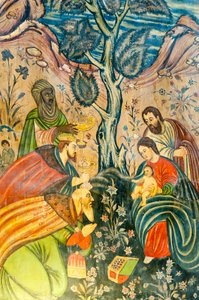 arménská apoštolská církev; Nástěnná malba; Klanění tří králů; Ježíš Kristus; Marie a Josef; tři mudrci dávají dárky; Bethlehem Church nebo Bedkhem Church; okres Julfa nebo Jolfa; Isfahán; Írán; Asie od Unbekannt