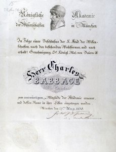 Babbage Čestný diplom udělený Charlesi Babbageovi od Unbekannt