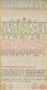 Kapelový sampler s abecedou, čísly a slokou, pracovala Elizabeth Howe od Unbekannt
