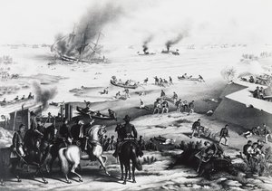Battle of Hampton Roads nebo Battle of Ironclads, USS Monitor a CSS Virginia (vpravo), 9. března od William M. Timlin