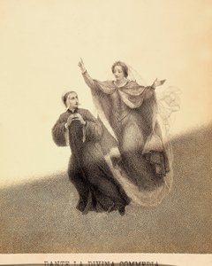 Beatrice ukazuje ukazováčkem vzhůru a vede Danta skrze nebeskou klenbu Ráje. Jejich těla ozařuje paprsek světla. Ilustrace k I. kántu Paradisa z Božské komedie Danta Alighieriho. Dílo Francesa Scaramuzzy věnované od Unbekannter Künstler