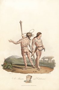 Britská antika (předřímské období, před 1. stoletím): Katini a Kaledonci (Skotsko) ze severních plání a lesů Velké Británie, s pokrytým tetováním - Forte water Robert Havell (1793-1878) podle ilustrace Charlese Hamiho od Unbekannter Künstler