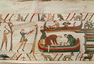Stavba lodí na příkaz vévody Williama, Bayeux Tapestry (vlněná výšivka na plátně) od Unbekannt