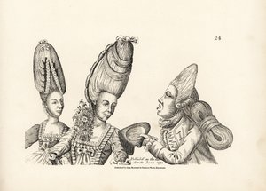 Karikatura módy konce 18. století: ženy ve vysokých parukách s květinovou zahradou na prsou a makaron ve vysoké paruce s extravagantní masou vlasů svázanou vzadu. Mědirytina podle satirické ilustrace Timothyho Bobbina (John od Unbekannter Künstler
