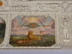 Stropní freska v lodi kostela sv. Kateřiny, alegorické zobrazení vítězství císaře Leopolda I. nad Osmany, Mauzoleum Habsburků, Graz, Štýrsko, Rakousko, Evropa (foto) od Unbekannter Künstler