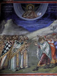 Kristus ve slávě ovládající časné a duchovní síly Byzantská freska z kláštera Agios Ioannis Lampadistis, Saint-John Lampadistis Kypr z 11. století Malované kostely UNESCO Troodos, Kypr od William M. Timlin
