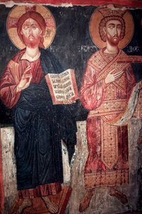 Kristus se svatým Konstantinem Timios Stavros tou Agiasmati kostel, Svatý kříž Agiasmati Kypr 15. století Malované kostely UNESCO Troodos, Kypr od Unbekannt